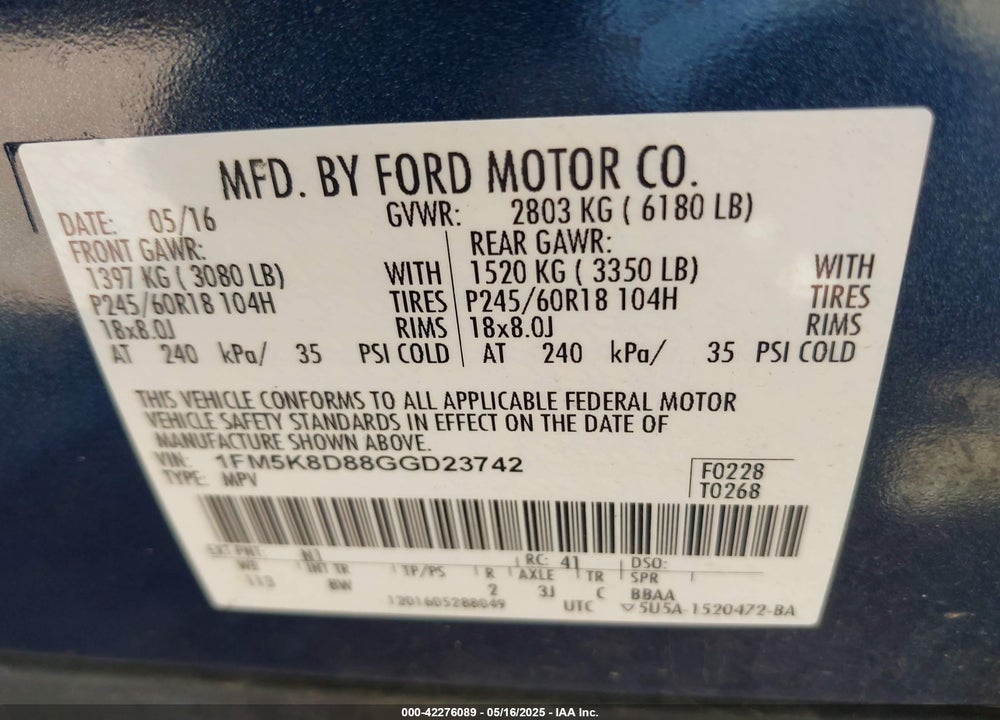 2016 FORD EXPLORER VIN: 1FM5K8D88GGD23742