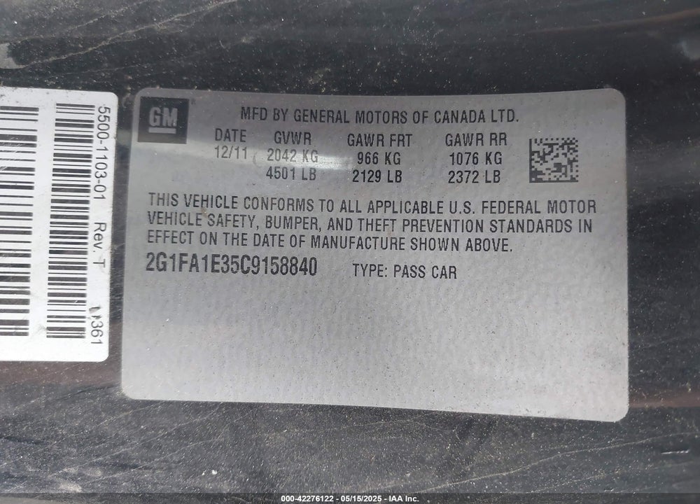 2012 CHEVROLET CAMARO VIN: 2G1FA1E35C9158840