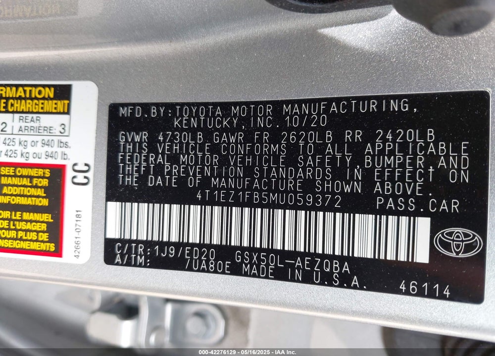 2021 TOYOTA AVALON VIN: 4T1EZ1FB5MU059372