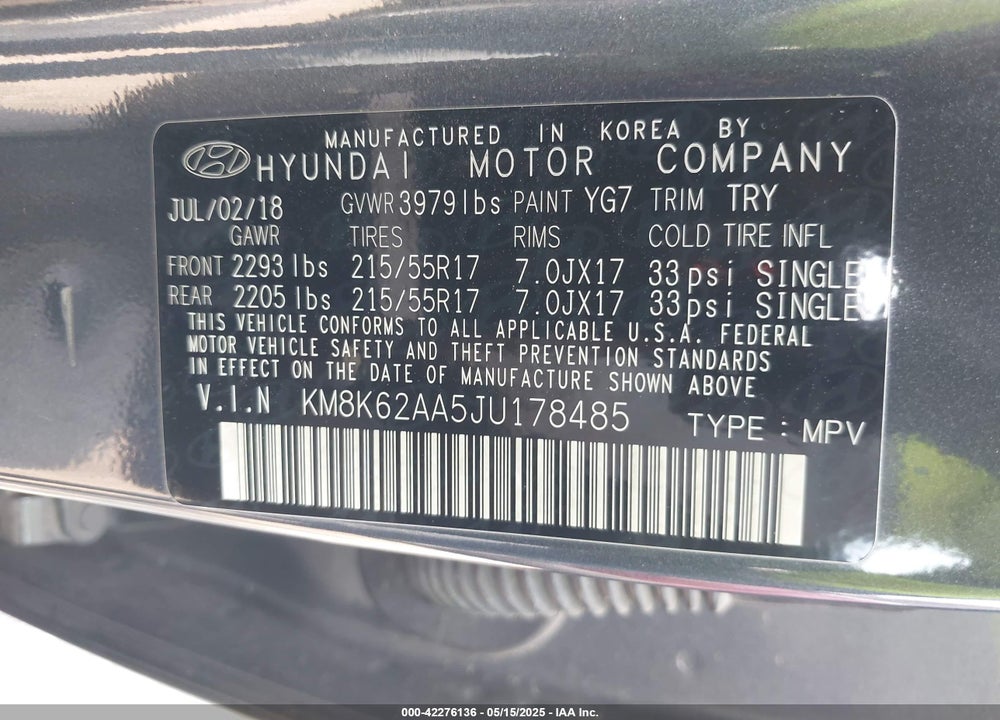 2018 HYUNDAI KONA VIN: KM8K62AA5JU178485