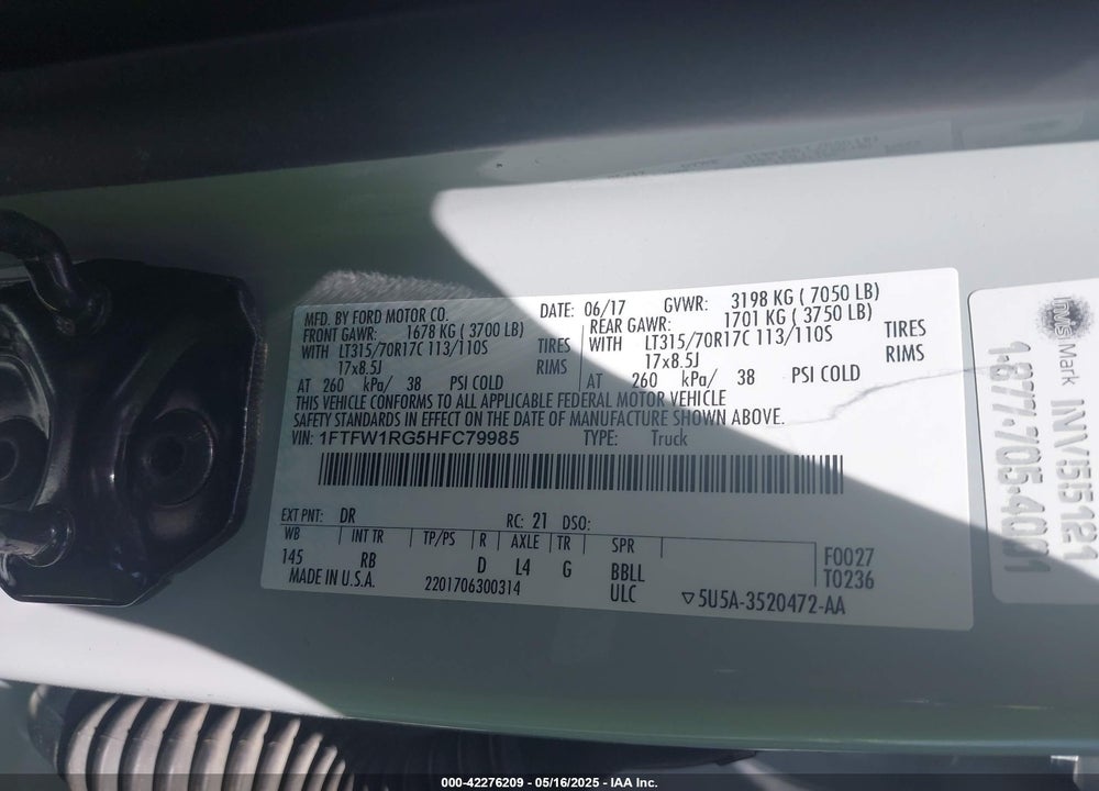 2017 FORD F-150 VIN: 1FTFW1RG5HFC79985