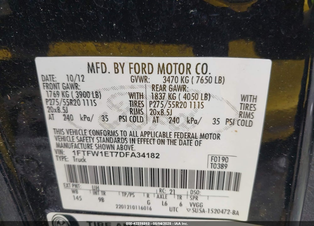2013 FORD F-150 PLATINUM VIN: 1FTFW1ET7DFA34182
