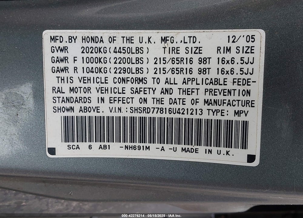 2006 HONDA CR-V EX VIN: SHSRD77816U421213
