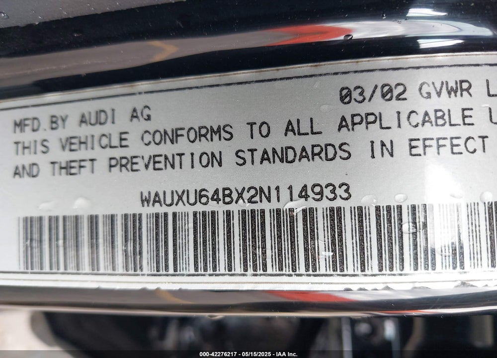 2002 AUDI S6 AVANT VIN: WAUXU64BX2N114933