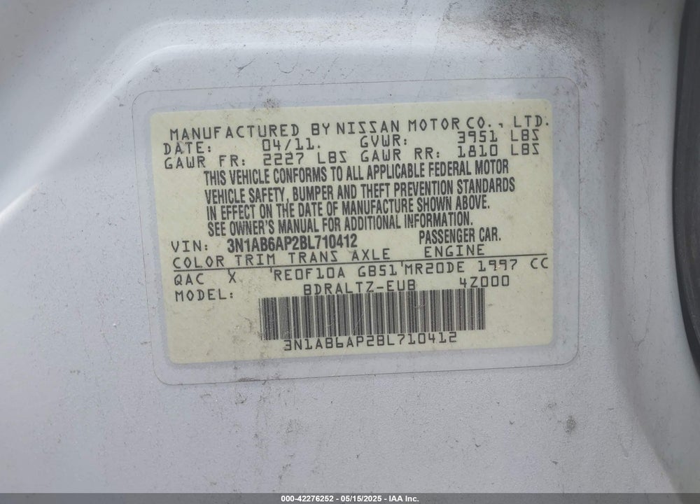 2011 NISSAN SENTRA VIN: 3N1AB6AP2BL710412