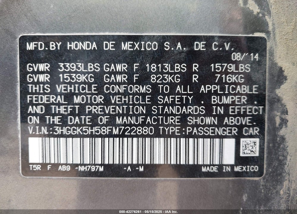 2015 HONDA FIT VIN: 3HGGK5H58FM722880
