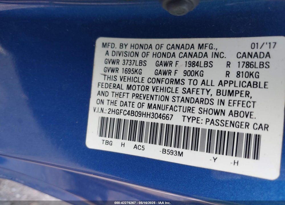 2017 HONDA CIVIC LX-P VIN: 2HGFC4B09HH304667