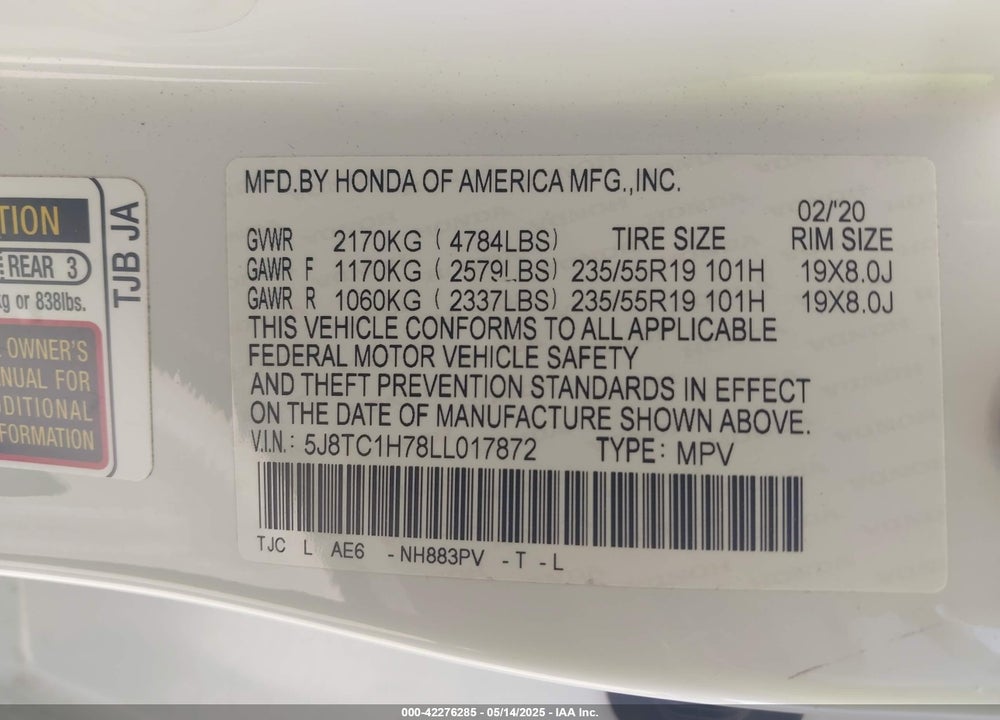 2020 ACURA RDX VIN: 5J8TC1H78LL017872