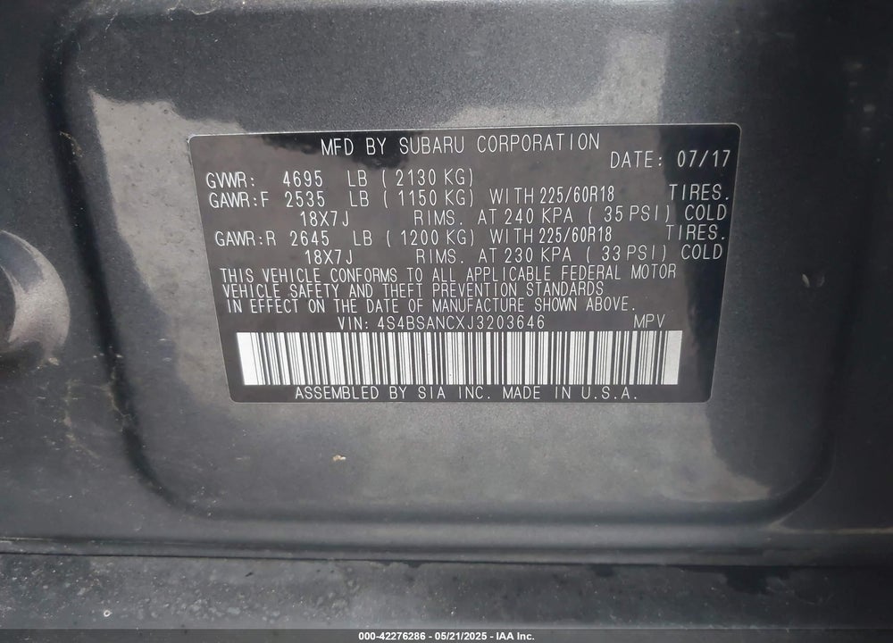 2018 SUBARU OUTBACK VIN: 4S4BSANCXJ3203646