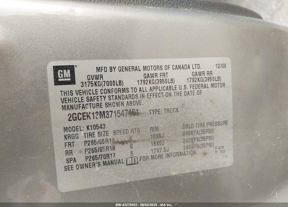 2007 CHEVROLET SILVERADO 1500 LT2 VIN: 2GCEK13M371547461