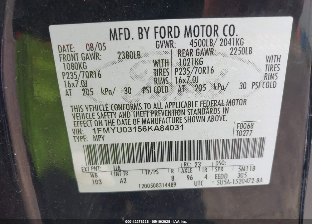 2006 FORD ESCAPE XLT/XLT SPORT VIN: 1FMYU03156KA84031