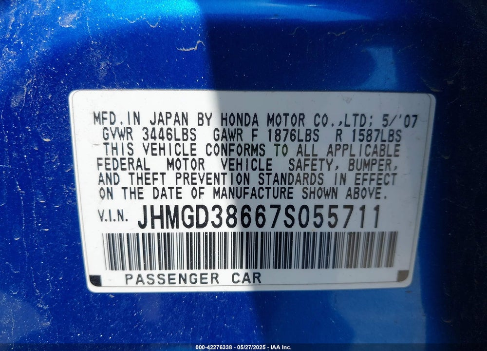 2007 HONDA FIT SPORT VIN: JHMGD38667S055711