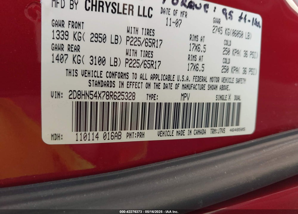 2008 DODGE GRAND CARAVAN VIN: 2D8HN54X78R625328