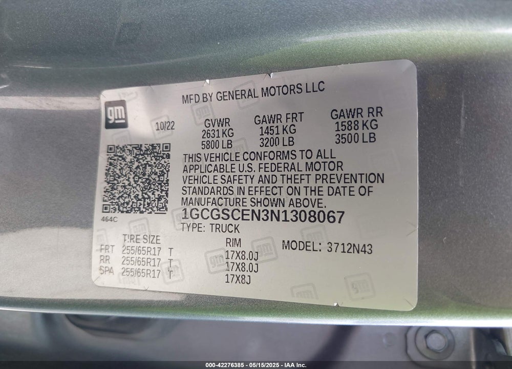 2022 CHEVROLET COLORADO VIN: 1GCGSCEN3N1308067
