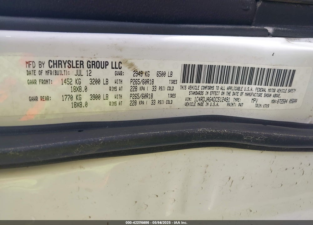 2013 DODGE DURANGO SXT VIN: 1C4RDJAG4DC512491