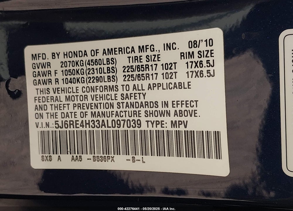 2010 HONDA CR-V LX VIN: 5J6RE4H33AL097039
