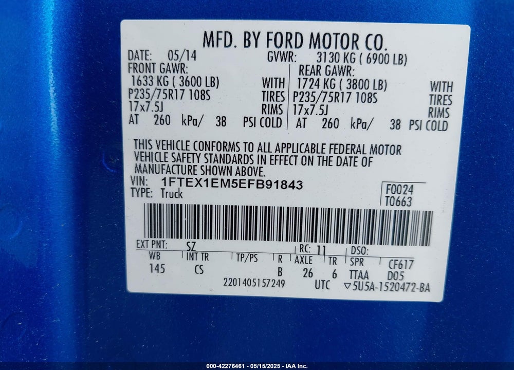 2014 FORD F-150 VIN: 1FTEX1EM5EFB91843