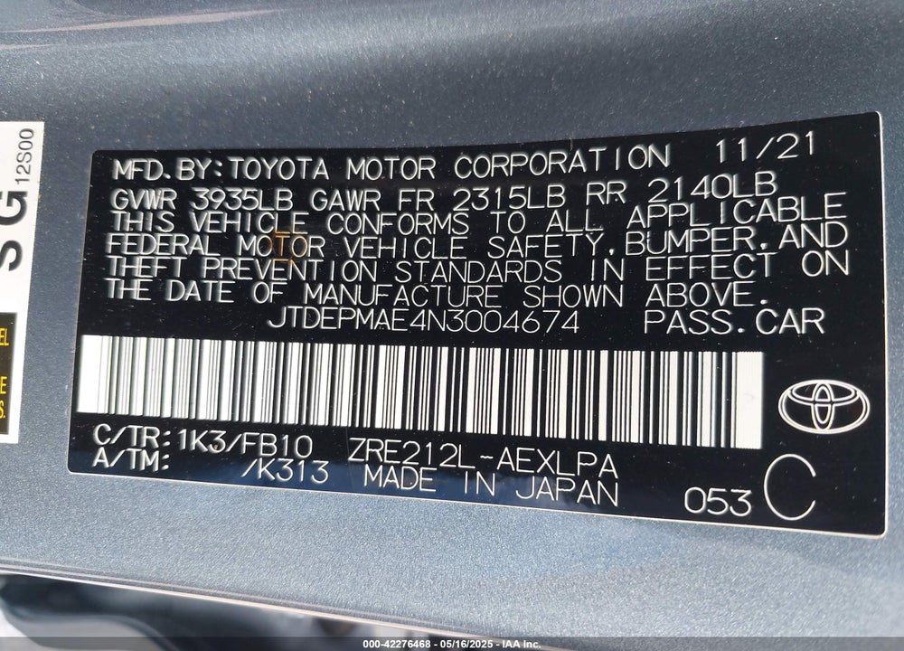 2022 TOYOTA COROLLA LE VIN: JTDEPMAE4N3004674
