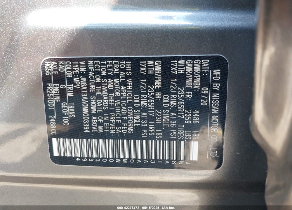 2021 NISSAN ROGUE VIN: JN8AT3AA0MW003394