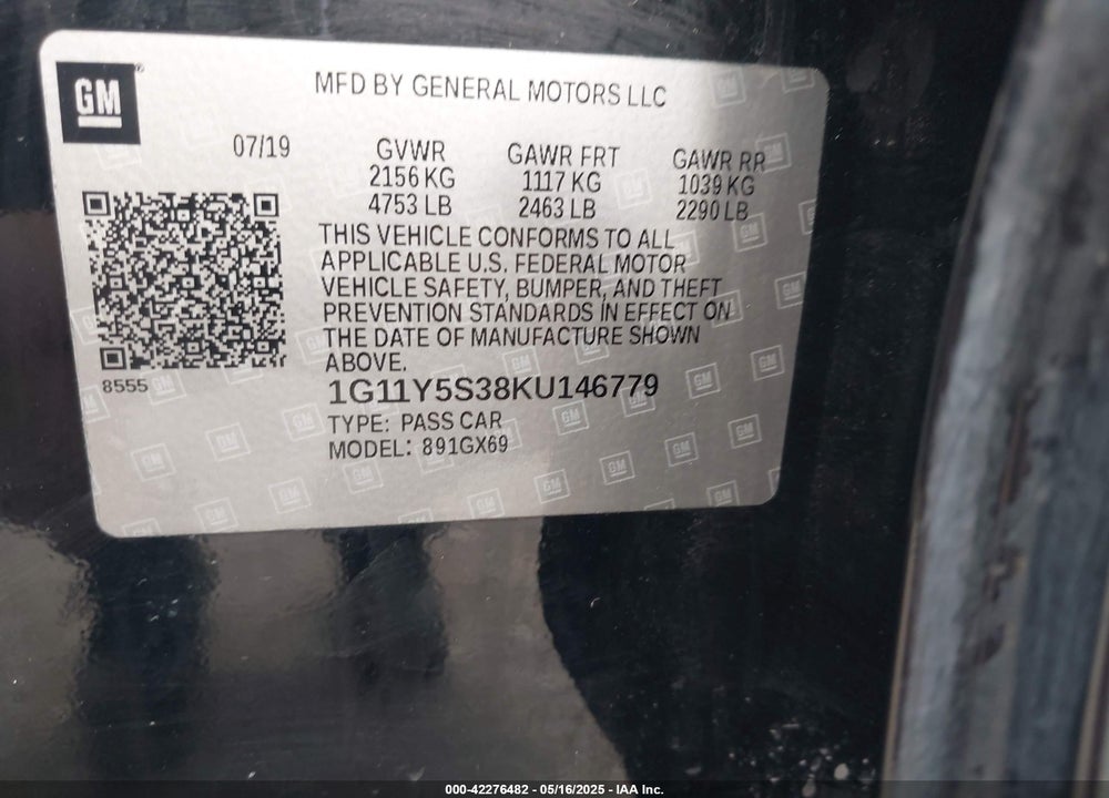 2019 CHEVROLET IMPALA VIN: 1G11Y5S38KU146779