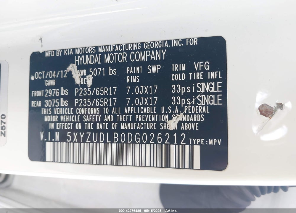 2013 HYUNDAI SANTA FE VIN: 5XYZUDLB0DG026212