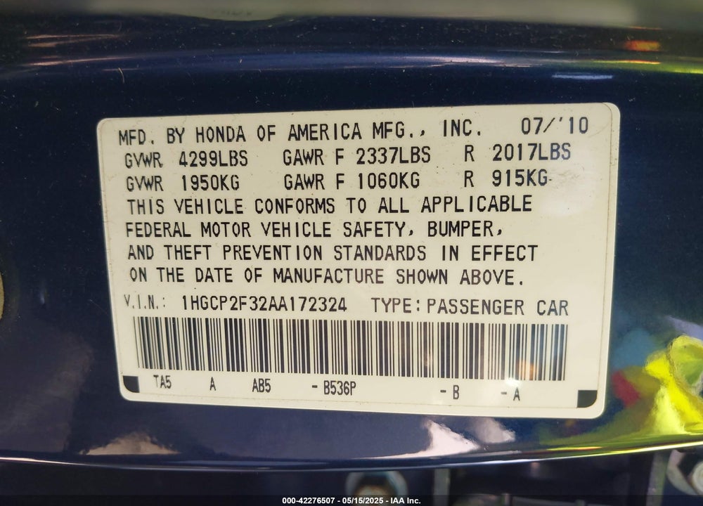 2010 HONDA ACCORD 2.4 LX VIN: 1HGCP2F32AA172324