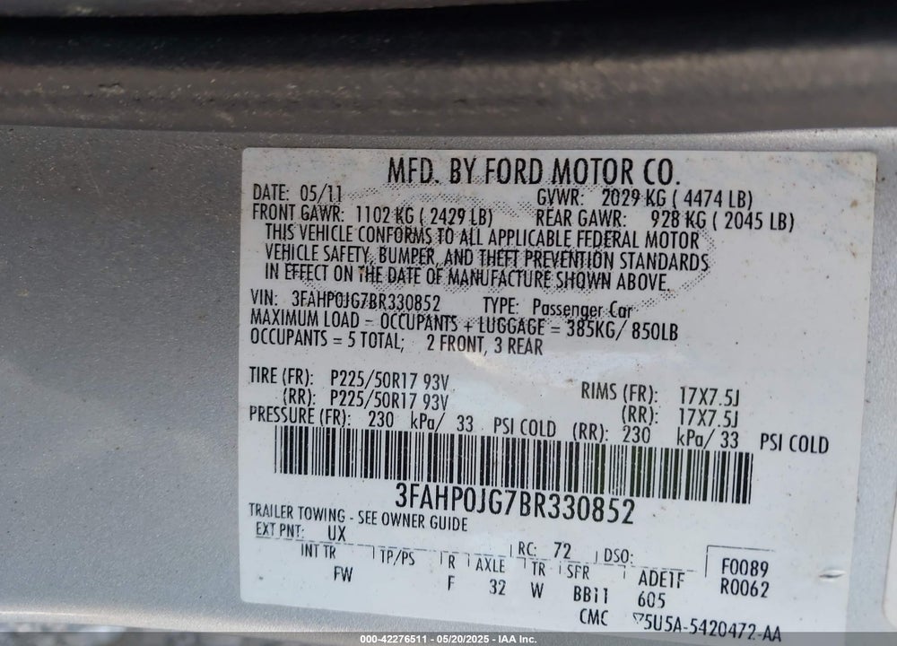 2011 FORD FUSION VIN: 3FAHP0JG7BR330852
