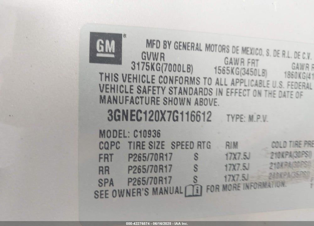 2007 CHEVROLET AVALANCHE 1500 LS VIN: 3GNEC120X7G116612