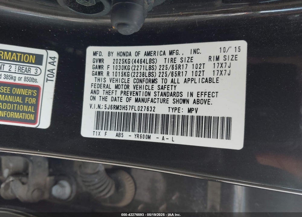 2015 HONDA CR-V EX VIN: 5J6RM3H57FL027632