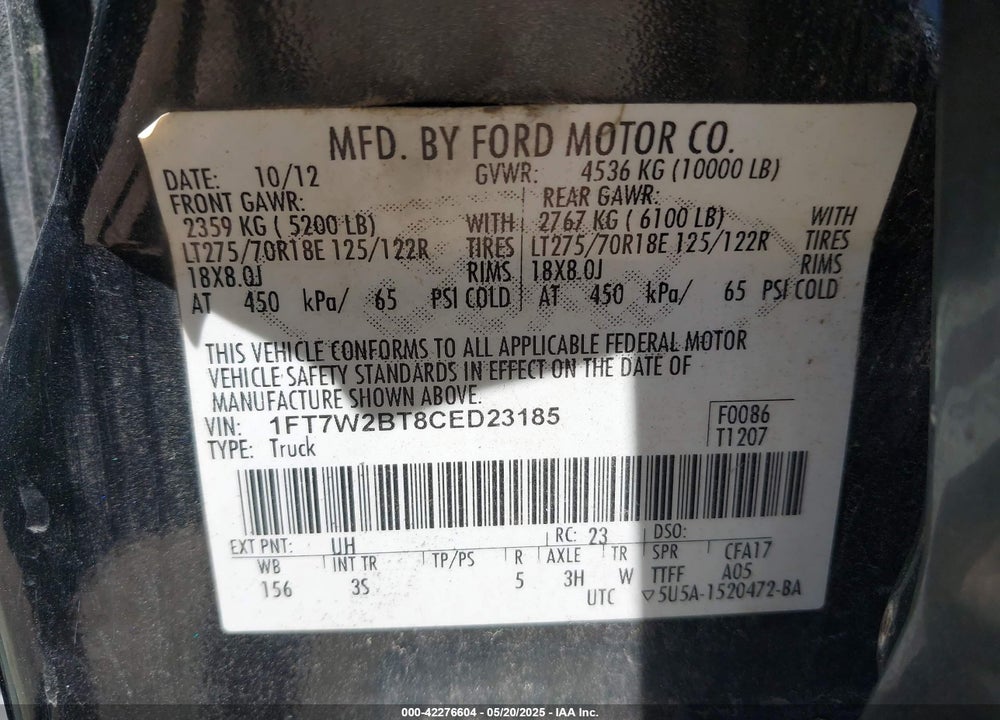 2012 FORD F-250 VIN: 1FT7W2BT8CED23185