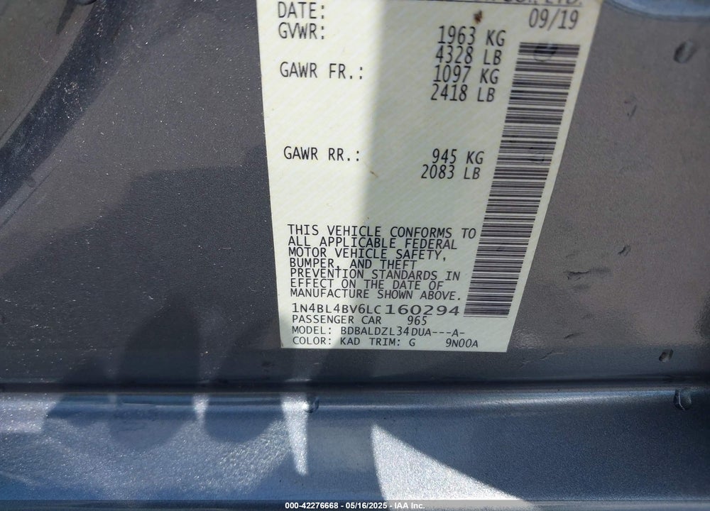 2020 NISSAN ALTIMA VIN: 1N4BL4BV6LC160294