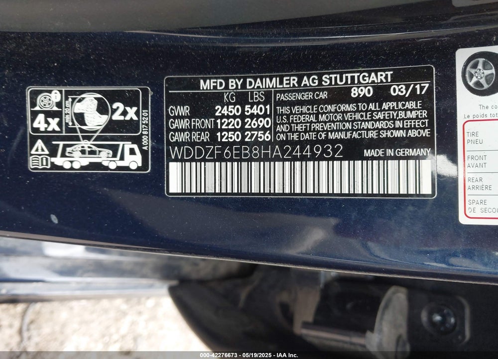 2017 MERCEDES-BENZ E-CLASS VIN: WDDZF6EB8HA244932