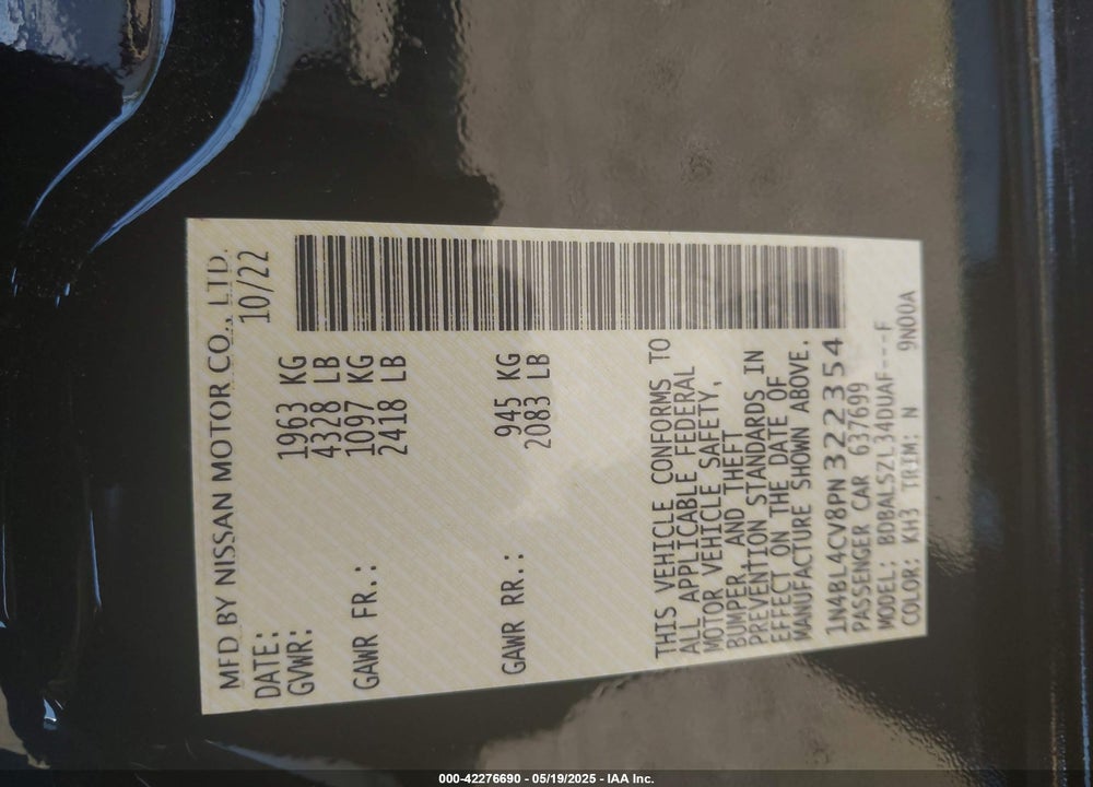 2023 NISSAN ALTIMA VIN: 1N4BL4CV8PN322354