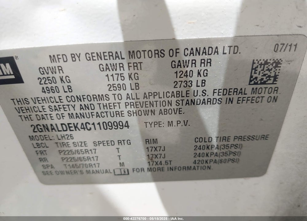2012 CHEVROLET EQUINOX VIN: 2GNALDEK4C1109994