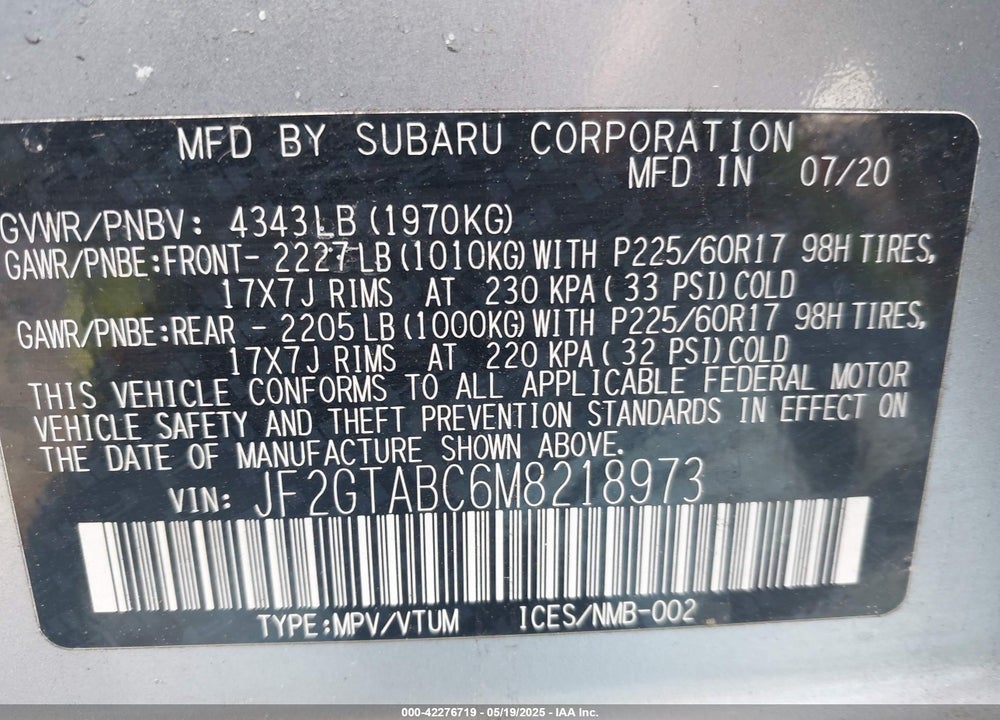 2021 SUBARU CROSSTREK VIN: JF2GTABC6M8218973