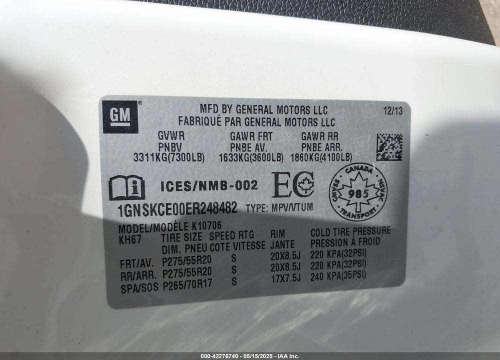 2014 CHEVROLET TAHOE LTZ VIN: 1GNSKCE00ER248482