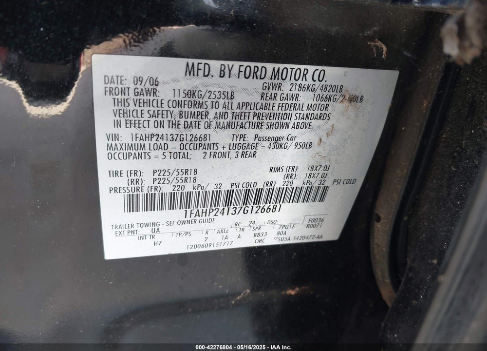 2007 FORD FIVE HUNDRED SEL VIN: 1FAHP24137G126681