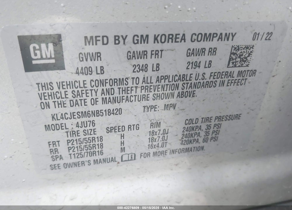 2022 BUICK ENCORE VIN: KL4CJESM6NB518420