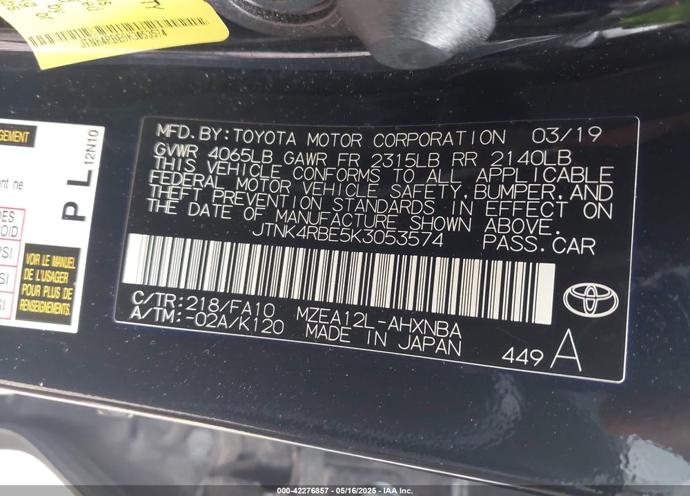 2019 TOYOTA COROLLA SE VIN: JTNK4RBE5K3053574