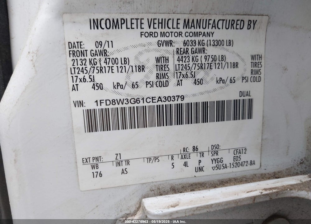 2012 FORD F-350 CHASSIS VIN: 1FD8W3G61CEA30379