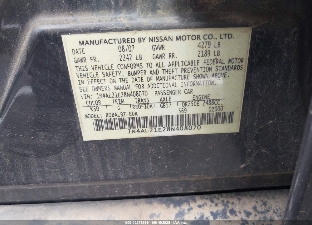 2008 NISSAN ALTIMA VIN: 1N4AL21E28N408070