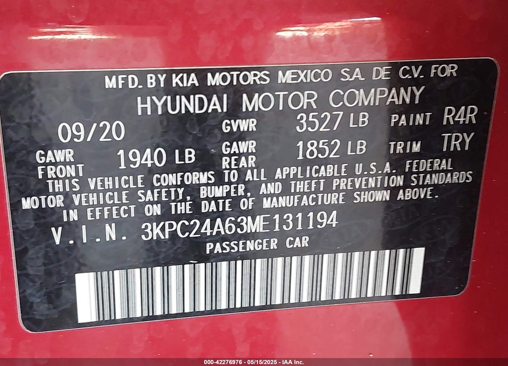 2021 HYUNDAI ACCENT SE VIN: 3KPC24A63ME131194