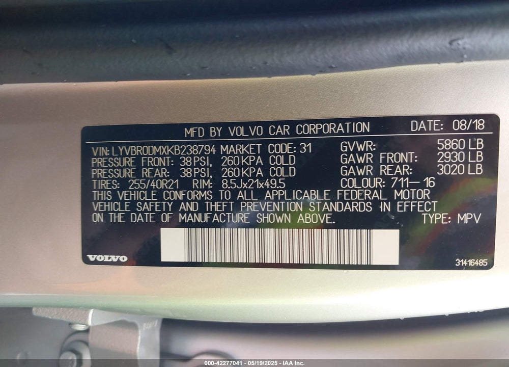 2019 VOLVO XC60 VIN: LYVBR0DMXKB238794