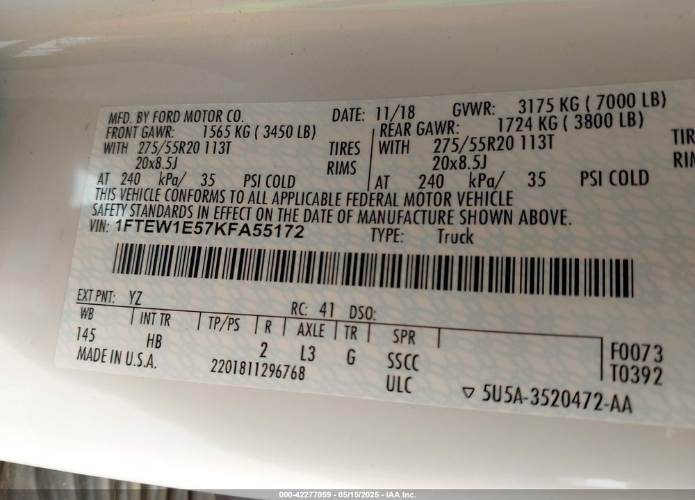 2019 FORD F-150 VIN: 1FTEW1E57KFA55172