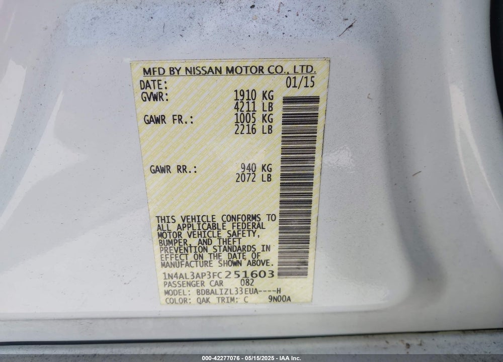 2015 NISSAN ALTIMA VIN: 1N4AL3AP3FC251603