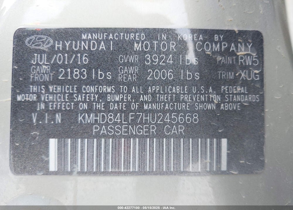 2017 HYUNDAI ELANTRA VALUE EDITION VIN: KMHD84LF7HU245668