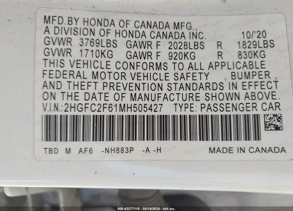 2021 HONDA CIVIC VIN: 2HGFC2F61MH505427