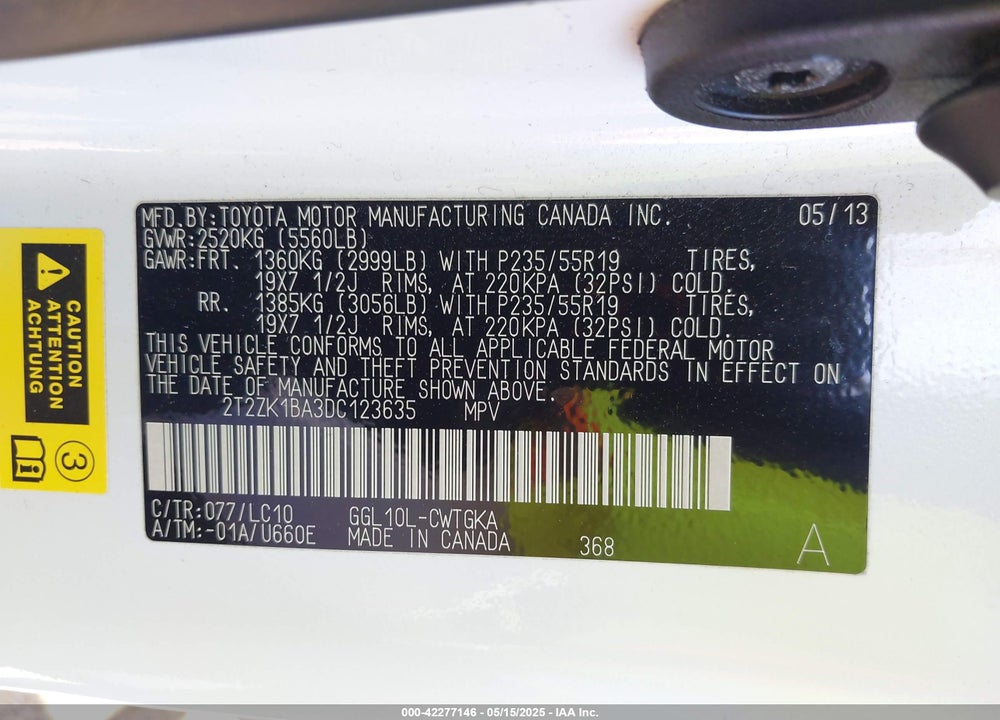 2013 LEXUS RX 350 VIN: 2T2ZK1BA3DC123635