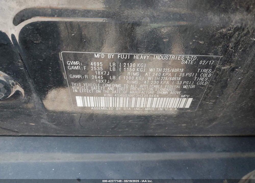 2017 SUBARU OUTBACK 2.5I LIMITED VIN: 4S4BSANC3H3359666