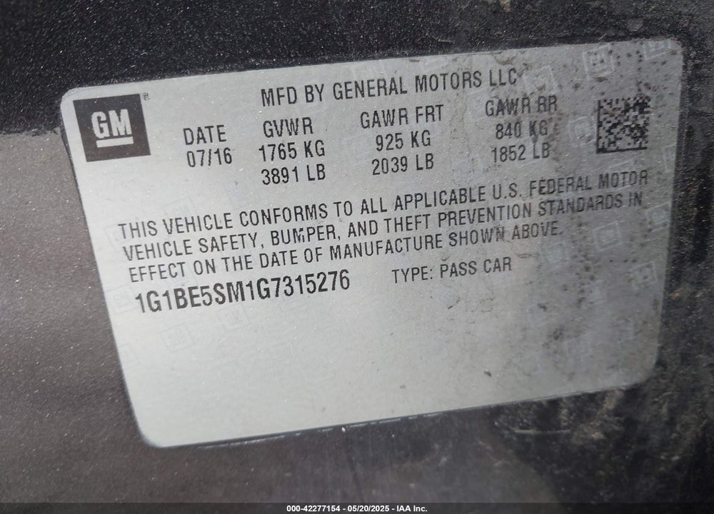 2016 CHEVROLET CRUZE VIN: 1G1BE5SM1G7315276